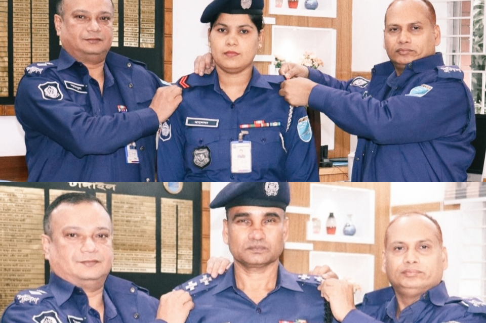 টাঙ্গাইলে দুই পুলিশ সদস্যকে র‍্যাংক ব্যাজ পরিয়ে দিলেন পুলিশ সুপার